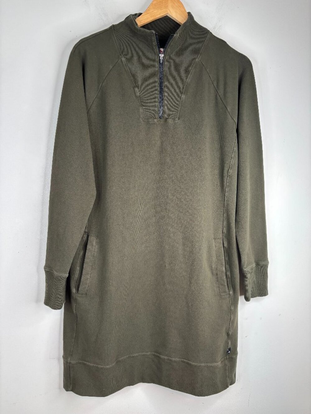 American Giant Womens Moto Dress L Army Green 1/4 Zip Sweatshirt Tunic Pockets